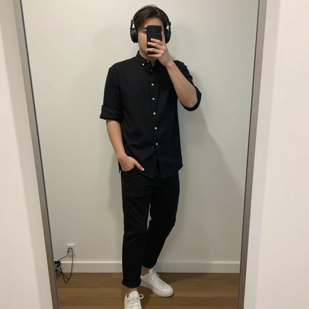 Selfie Italian man with European features with dark brown hair and has a black shirt black pants for men and black sneakers have black headphones room bla nca Bk selfie realistic photography, Photo Bk , And he's covering his face with the black iPhone Bk s...