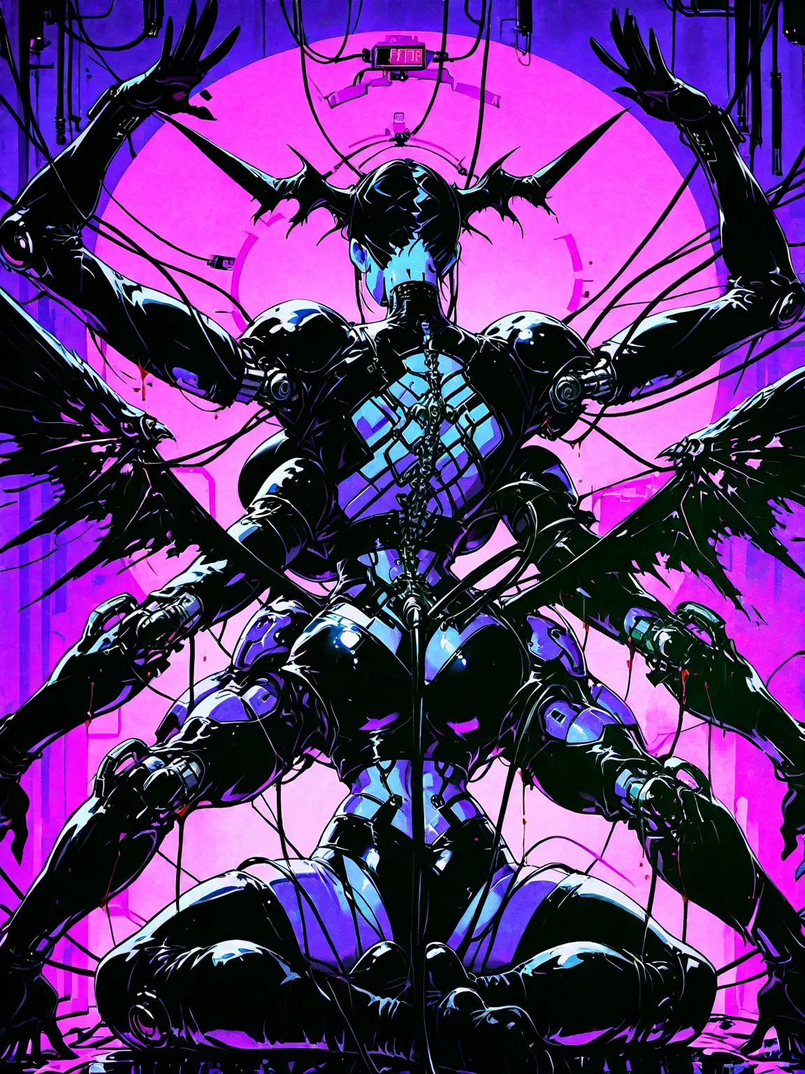 back view: Chica demonio, purple skin, black wings ,Horns, TAIL,  four arms , extremely long legs, latex costume,  robotic circuits , big breasts, devices futuristic, (( suspended by electrical cables ))(meditation pose), circuits, blood. Background: cyber...