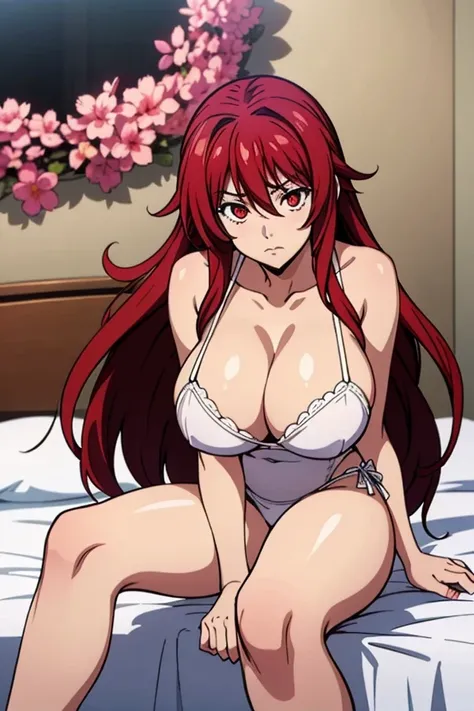 Create an image of a woman who resembles Rias Gremory from High School DxD. She has long crimson hair with soft waves and striking red eyes. Her facial features are delicate and shy, her arms squeezing her huge breasts while sitting on a bed.