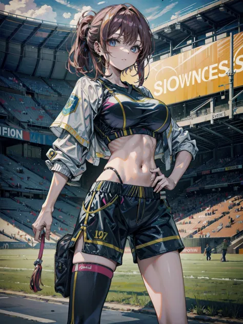 perfect anatomy, correct body, earring, large breasts, narrow waist, short hair, wavy hair, hair behind ear, half updo, black hair, looking at viewer, cowboy shot, crop top, shorts, sports uniform, stadium,