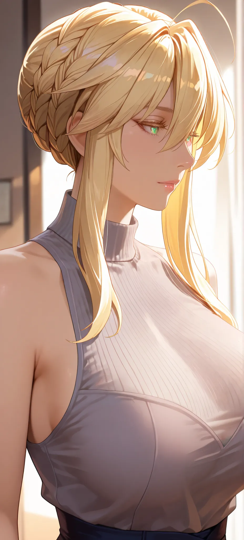 Masterpiece, very aesthetic, vibrant, high contrast, high resolution, ultra detailed, elegant mature woman, artoria Pendragon (lancer), housewife, milf, casual sleeveless clothes, soft light, best quality, newest, honkai: star rail cg style, portrait, semr...