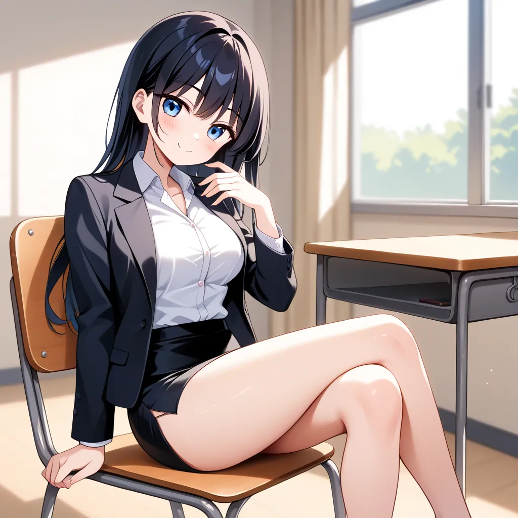 {best quality}, {very aesthetic}, {ultra-detailed}, {best illustration}, {masterpiece}, {detailed beautiful eyes}, {extremely detailed}, nsfw, cute female, sitting on chair, medium breasts, business suit, pencil skirt
:1.4), classroom:1.3) , (adult, ultra ...