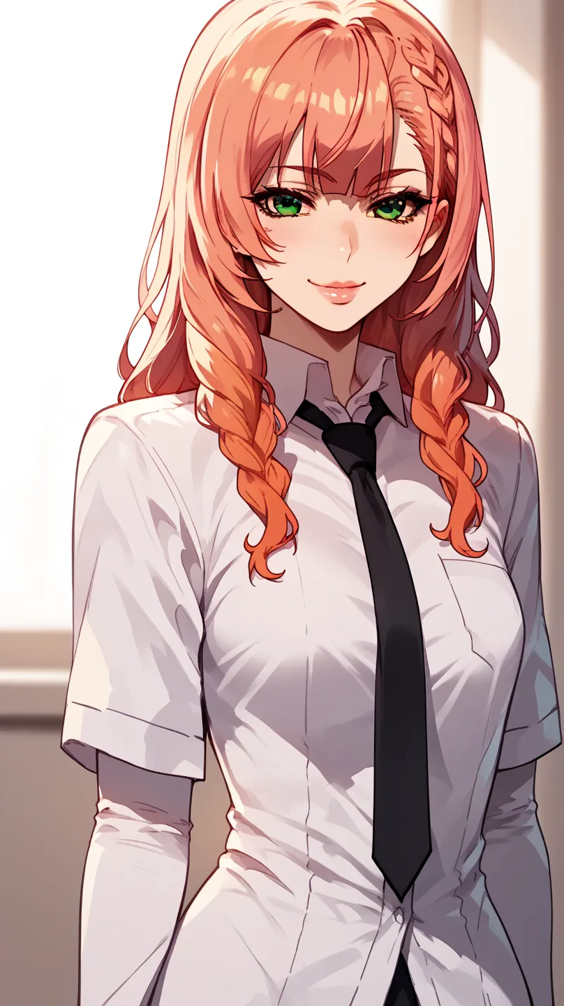 natsukawa aika, orange hair, pink hair, long hair, braid, green eyes, short height, round head, glossy lips solo, smile, shite dress shirt, shirt sleeves, loose black tie