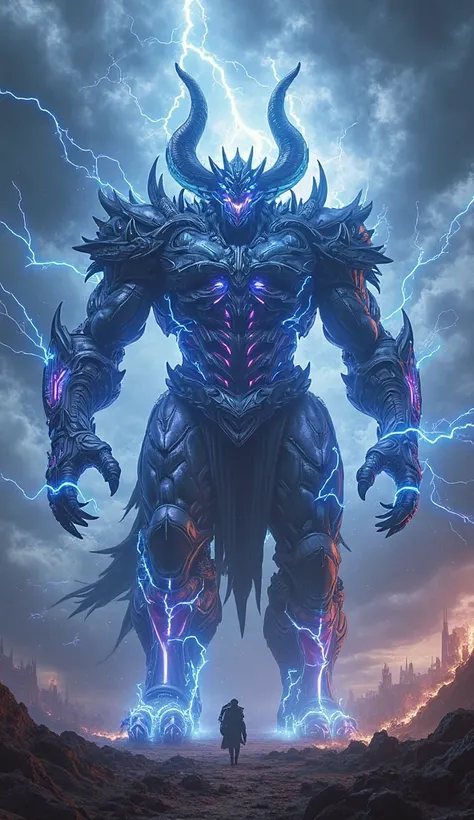 "Ultra-detailed 8K wallpaper, masterpiece, RAW photo, highly detailed, photorealistic lighting, perfect shadows, cinematic perspective. A towering lightning demon crackling with raw electrical energy, its body composed of dark metallic armor infused with p...