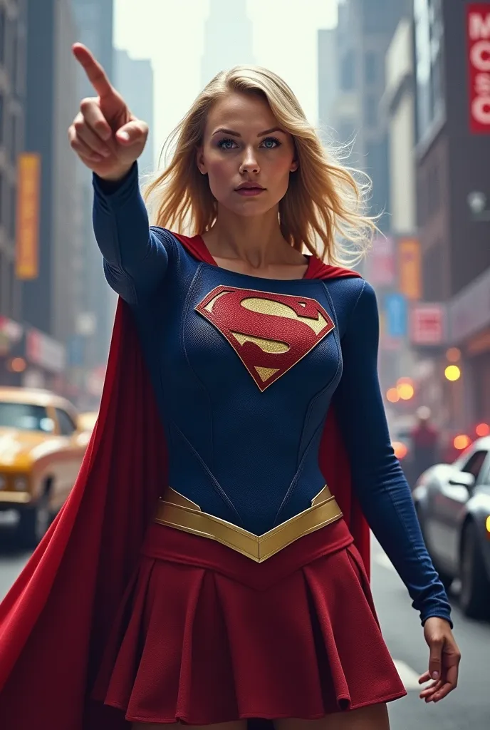 Supergirl one side one hand and pointing with her finger. Background aria is city road, anda flash and robin