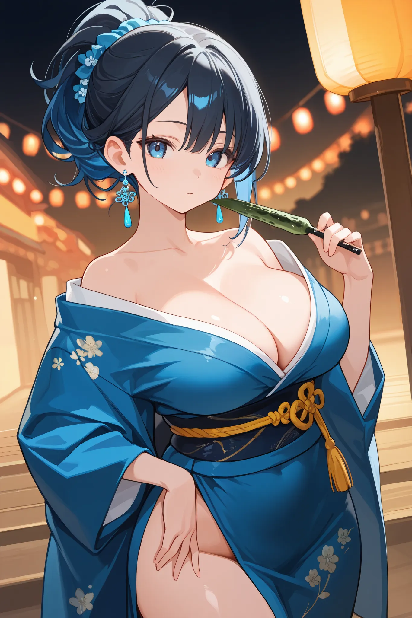 1 girl, Hair tied in ponytail, Black hair with some blue hair on the edges., blue eyes, but not bright, curvy body, wear a sexy kimono outfit, หน้าอกไซส์ปานกลาง, have a sliver earrings.