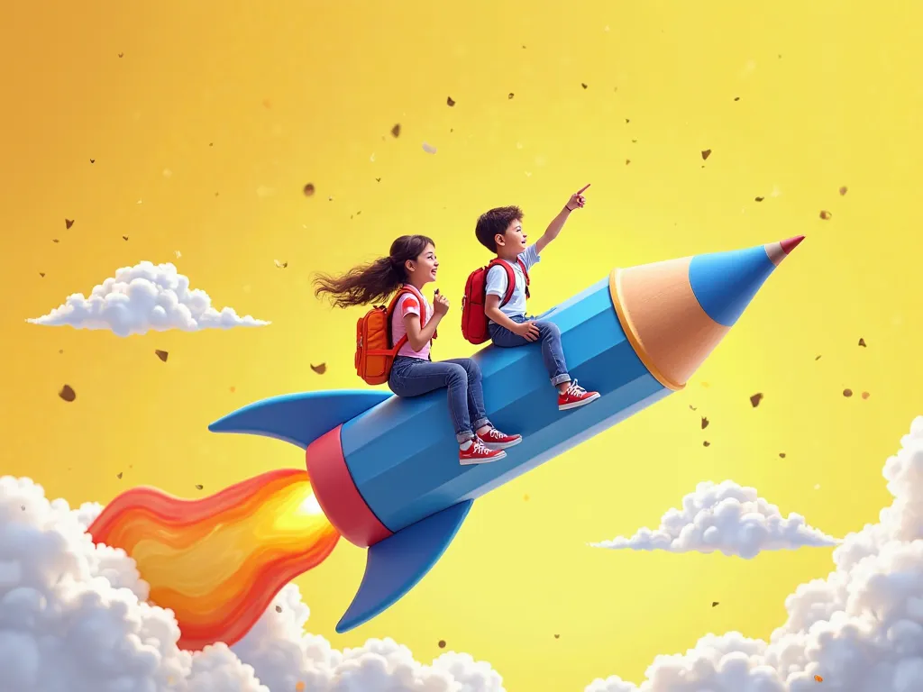 A vibrant and imaginative educational concept art. Two joyful ren,realistic  a boy and a girl, sit on a giant pencil transformed into a blue  rocket, soaring through a bright yellow sky with fluffy white clouds. They wear backpacks and casual clothes, symb...