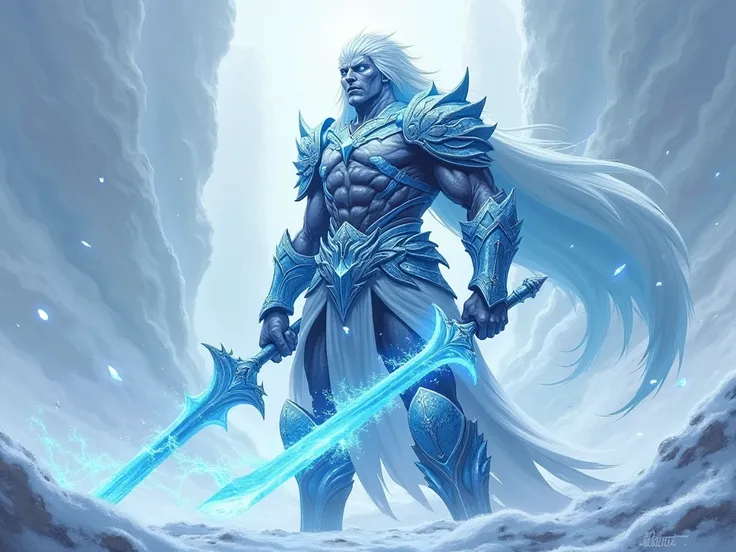 Generate an Image of a Shaiya Warrior With Ice and Cold 