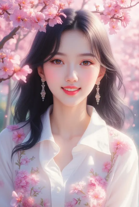 masterpiece, best quality, photorealistic, 1girl, stunning innocent symmetry face, white shirt, emotional, big breasts, (PureErosFace_V1:0.7), Cherry Blossom Tree Road with beautiful spring, the fluttering cherry blossom leaves, a flower-patterned dress, s...