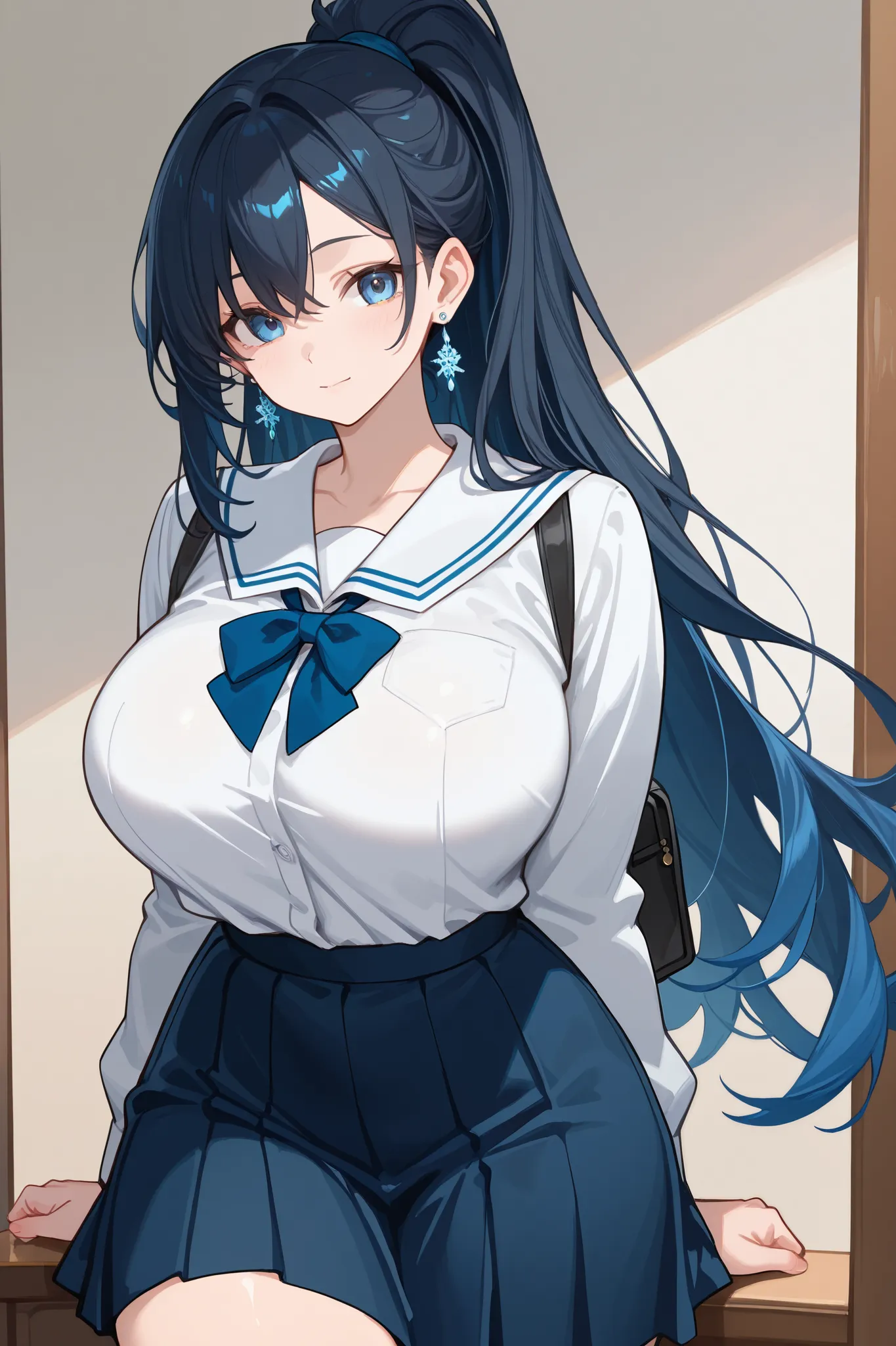 1 girl, Hair tied in ponytail, Black hair with some blue hair on the edges., blue eyes, but not bright, curvy body, wear a sexy school uniform, หน้าอกไซส์ปานกลาง, have a sliver earrings.