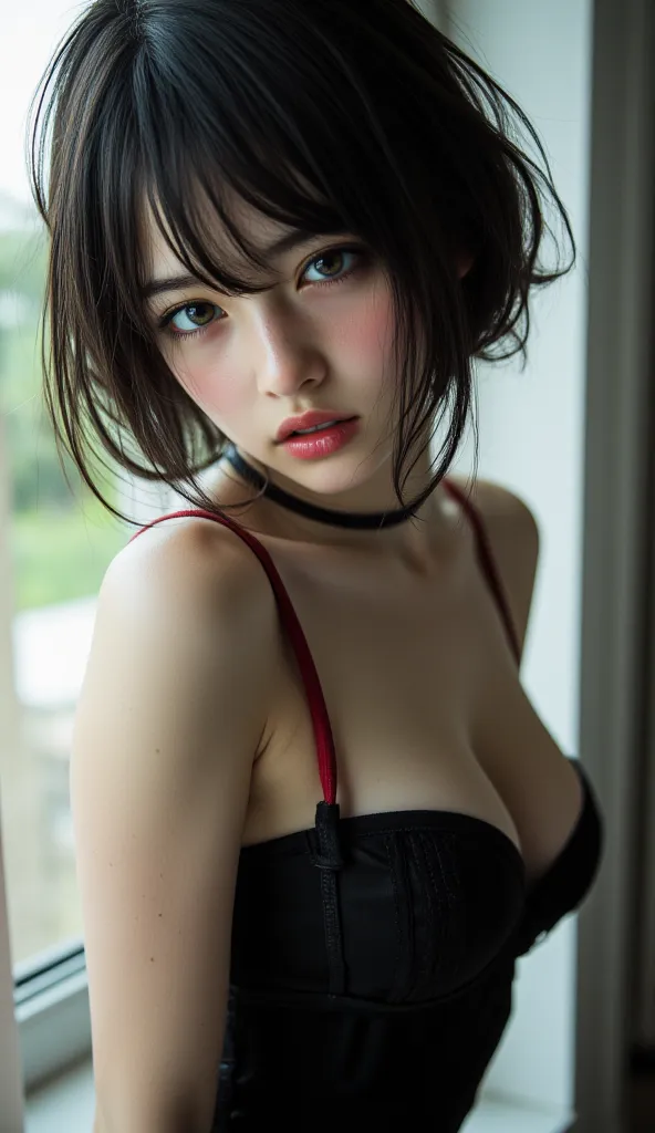  8,000,  masterpiece, Top Quality,  close up, Staring Down , Short dark hair, Bob,  fair skin, Light makeup, slim, black corset, black underwear, Red string, collar, , Fetish, window, Outdoor Landscape, soft lighting, diffusion, Gloomy expression.