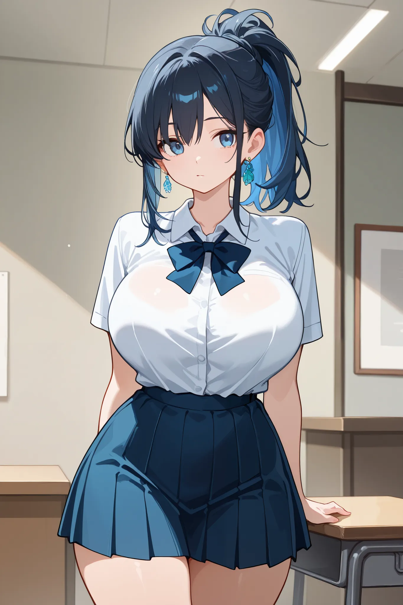 1 girl, Hair tied in ponytail, Black hair with some blue hair on the edges., blue eyes, but not bright, curvy body, wear a sexy school uniform, หน้าอกไซส์ปานกลาง, have a sliver earrings.