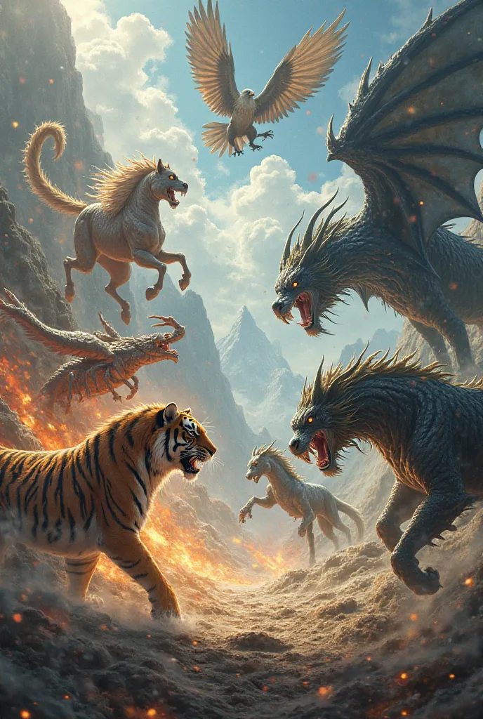  tiger, scorpion,horse,dragon,Eagle fighting each one separately 
