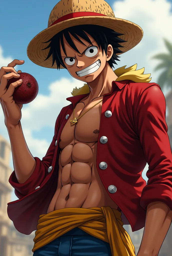 LUFFY WITH HIS DEVIL'S FRUIT IN HIS HAND ANGRILY