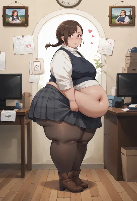 (1 girl, solo) () source_western, wide hips, obese, leaning over,(dark hair) (high heels), (asymmetrical bangs)short hair, braid, white turtleneck, long sleeves, black vest, plaid pleated skirt, black pantyhose, brown boots office background, ), (from the ...