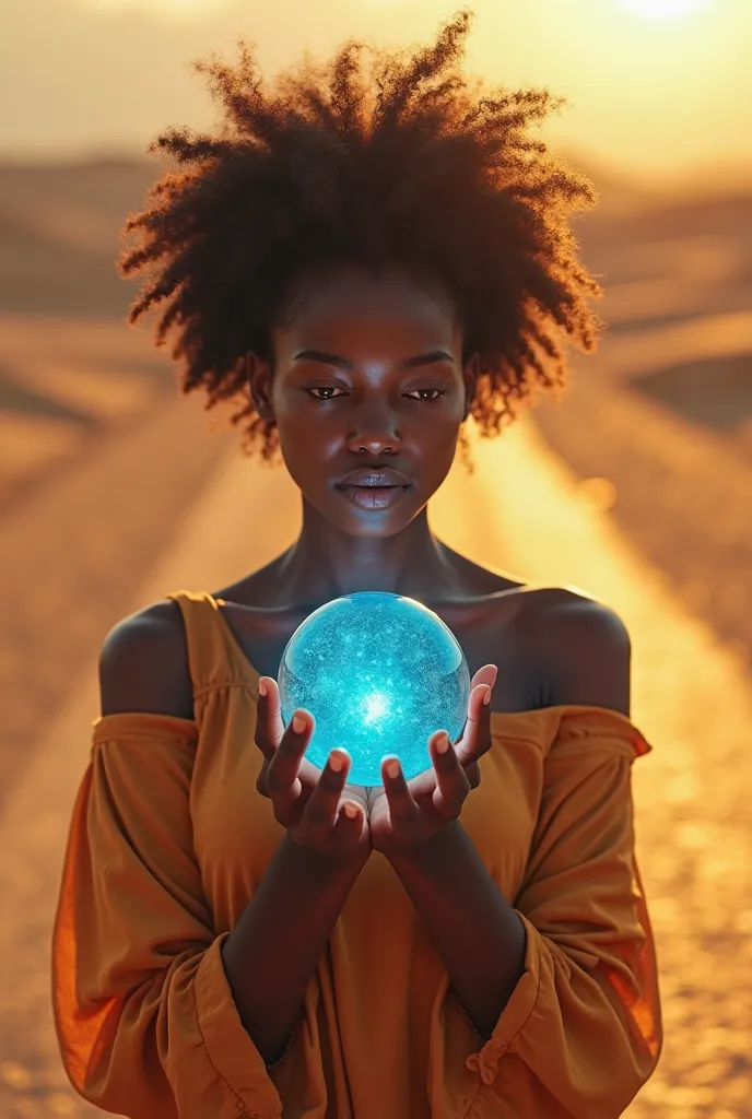 Une jeune fille africaine de 23 ans tenant une boule bleue foncée brillant  sur une route au milieu d'une désert dont le sable est recouvert grain d'or