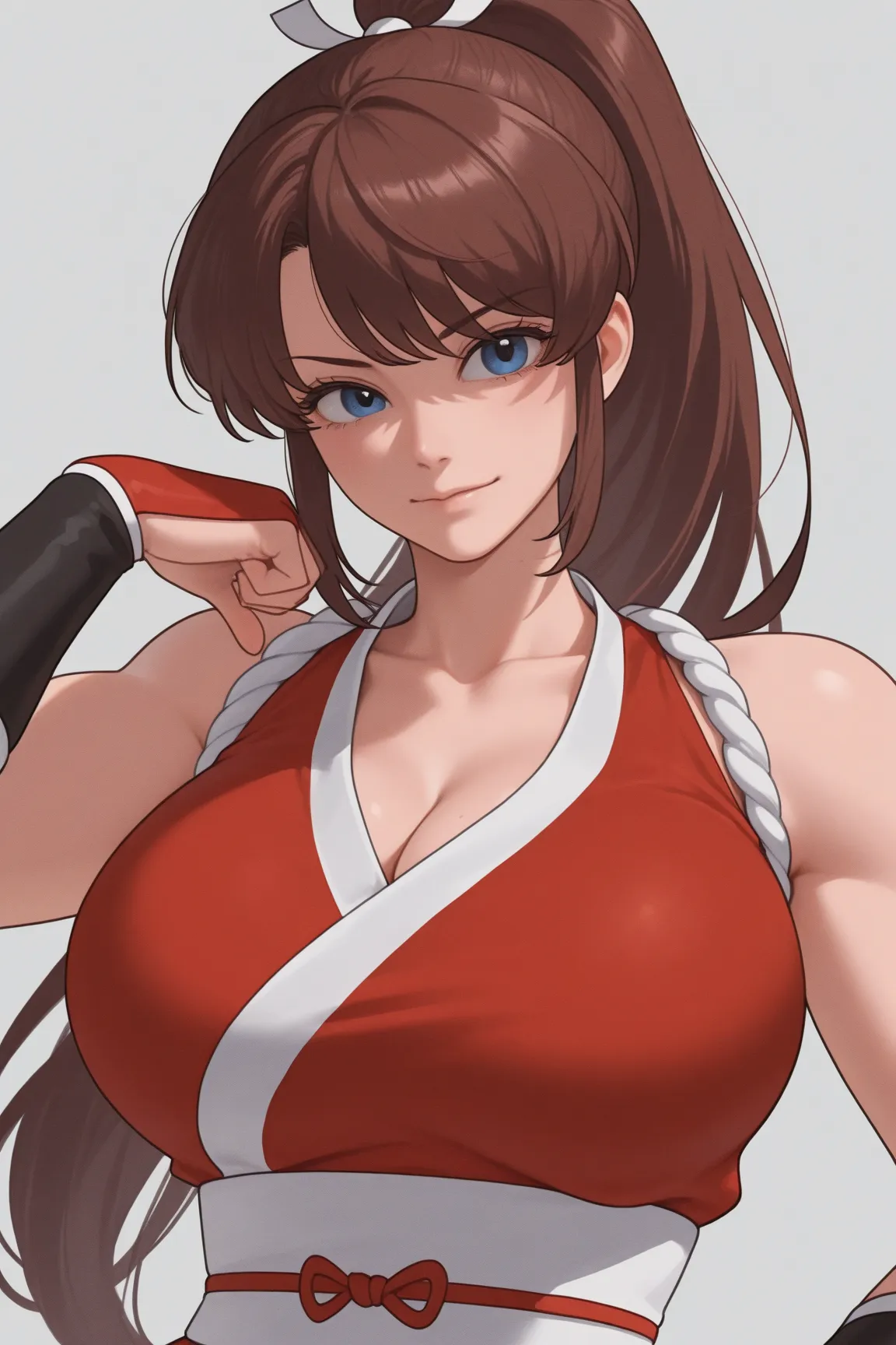 Ranma chan's breasts grabbed by andy bogard, blue eyes, red mai shiranui (fatal fury) costume, big breasts, blushed,  