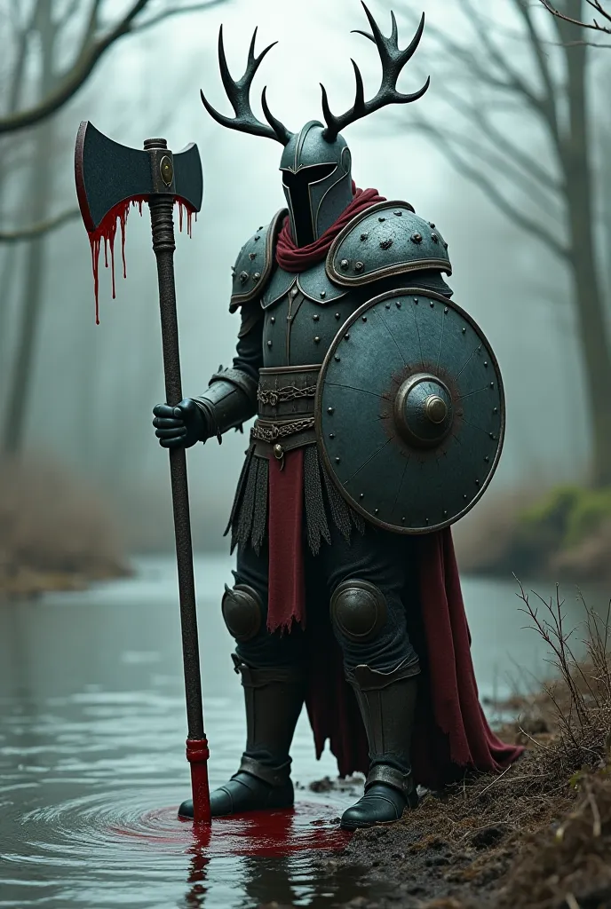 Imagine a man who is 190 cm tall .He wears a war helmet with very large antlers .He wears a forged sheet metal shield.holding a 100-cm black warhammer with blood in his hand .It stands on the bank of a river that looks like a swamp 