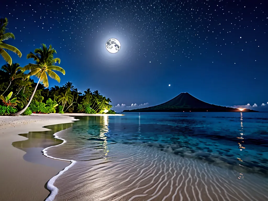 Masterpiece, Award Winning, Quality, UHD, Create a visually stunning masterpiece depicting a serene private island beach at night where clear waters shimmer under the moon. Soft waves gently caress the shore while a distant volcano violently erupting into ...