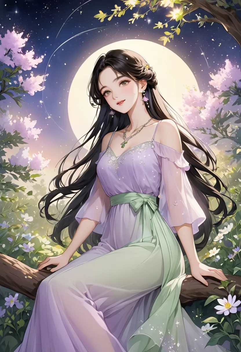 Rich ink painting 、 top quality、 masterpiece、 high image quality、 Official Art、  young,  graceful and beautiful woman 、perfect faces 、 long brownish black hair  、 perfect style、 wearing a light purple transparent dress 、 earrings、 necklaces、  full of peace...