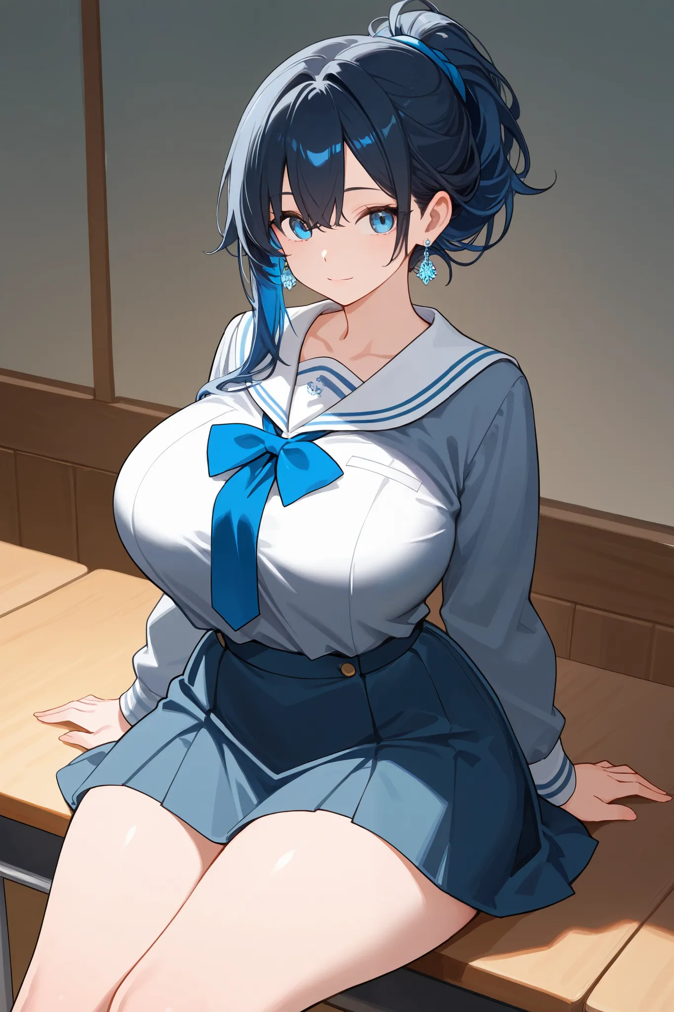 1 girl, Hair tied in ponytail, Black hair with some blue hair on the edges., blue eyes, but not bright, curvy body, wear a sexy school uniform, หน้าอกไซส์ปานกลาง, have a sliver earrings.