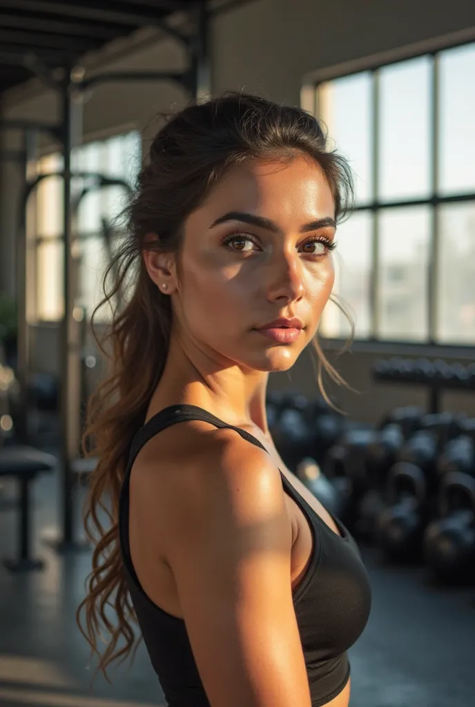 (Masterpiece, high quality, high resolution, Realistic photo, photography) image of innocent Arabic woman with an angelic face, delicate features, soft rosy cheeks, luminous skin, and gentle, kind eyes. The background features gym equipment like dumbbells,...