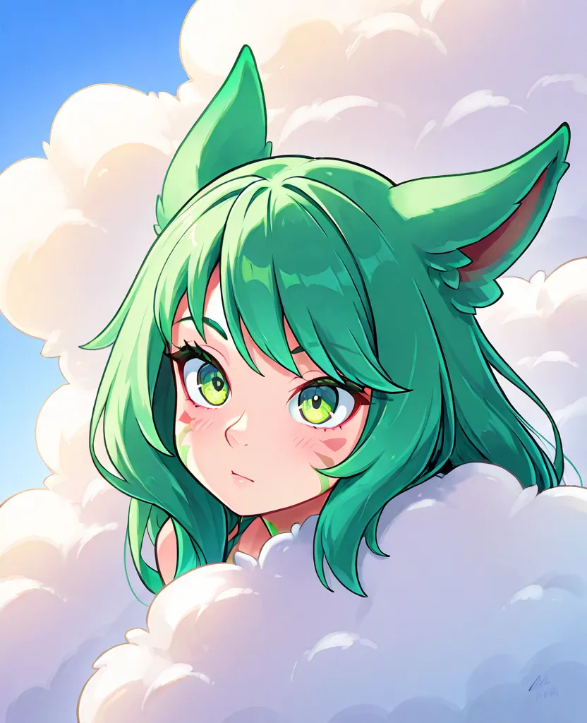 *"An anime-style portrait of Neeko from League of Legends against a bright blue sky background with some fluffy clouds.  her hair is short,  bulky and slightly messy , with pointed and green locks with vibrant luminous reflections. His chameleonic ears are...