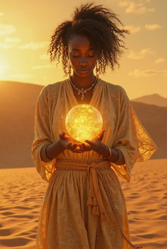 Une jeune fille africaine de 23 ans tenant une boule en orbrillant  sur une route au milieu d'une désert dont le sable est recouvert grain d'or