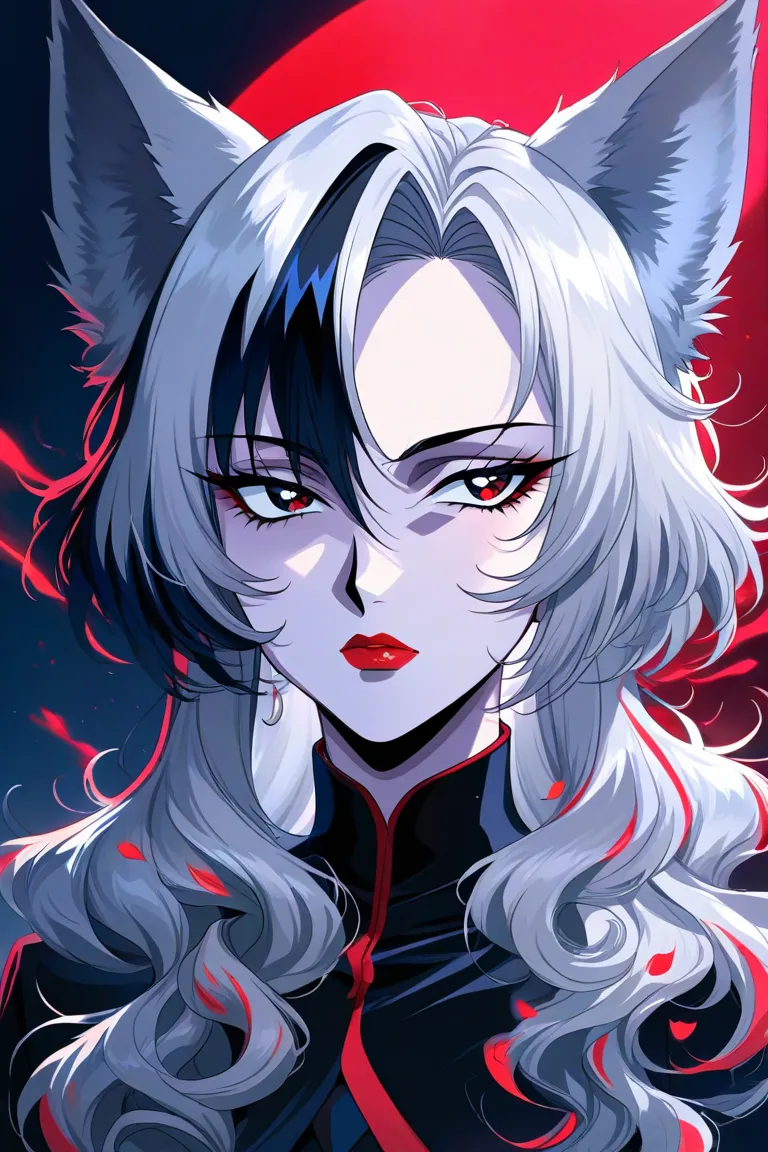 Most beautiful woman in the world, black streaks, gray hair, disheveled hair, frizzy hair, curly hair, black suit with red details, red and black eyes, long hair, wolf ears, wolf tail, sharp teeth, slender , volumous hair, rosy cheeks, pale skin, cold, ind...