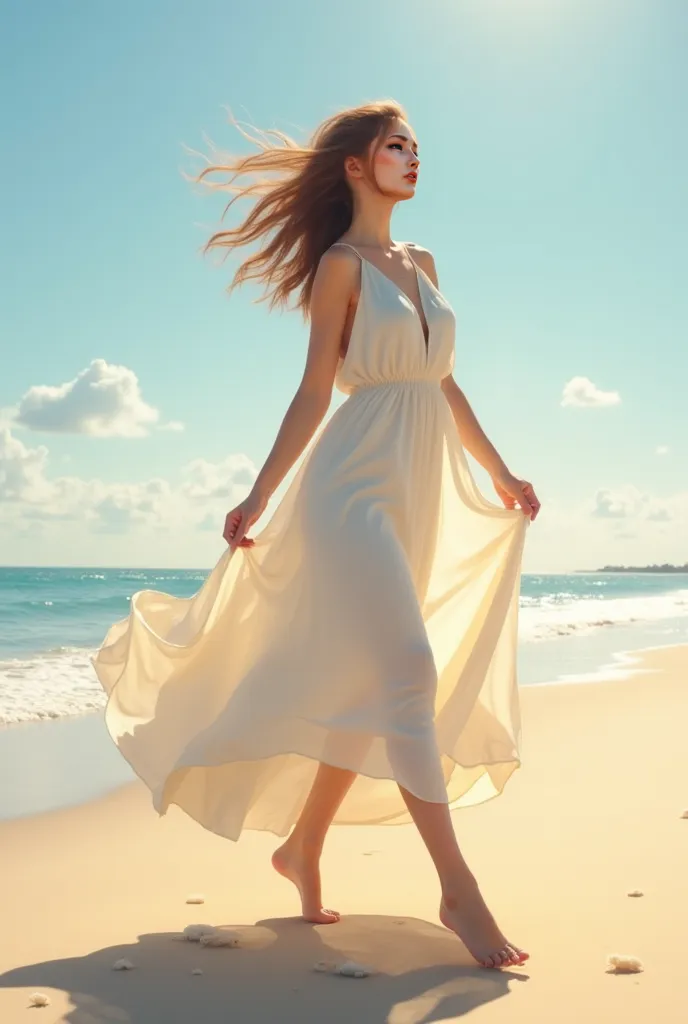 white woman on the beach. dancing.