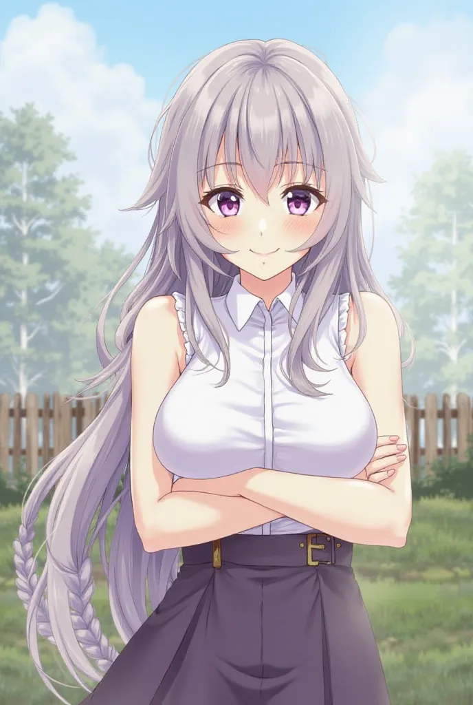 
1girl, solo, Najenda, long hair, braid, gray hair, purple eyes, large breasts, anime coloring, sleeveless, skirt, cowboy shot, shirt, crossed arms, looking at viewer, smile, outdoors, masterpiece, best quality, amazing quality,