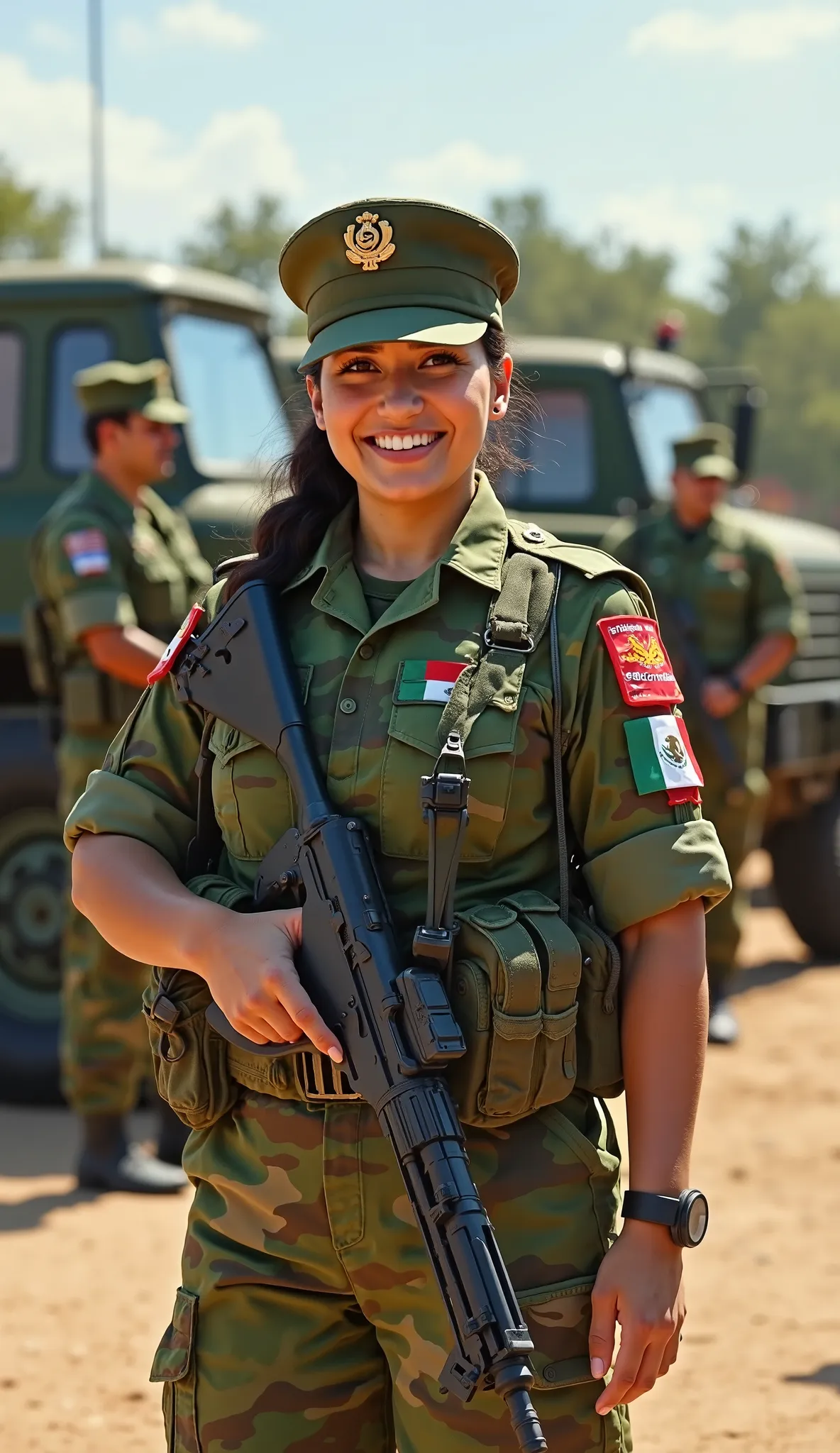 This beautiful 8K quality picture shows a plump,  (Ultra-realistic, 8K, HDR, photorealistic:1.4) A smiling Mexican female soldier standing in a military parade ground under bright sunlight. She wears a green camouflage uniform with the Mexican flag on her ...