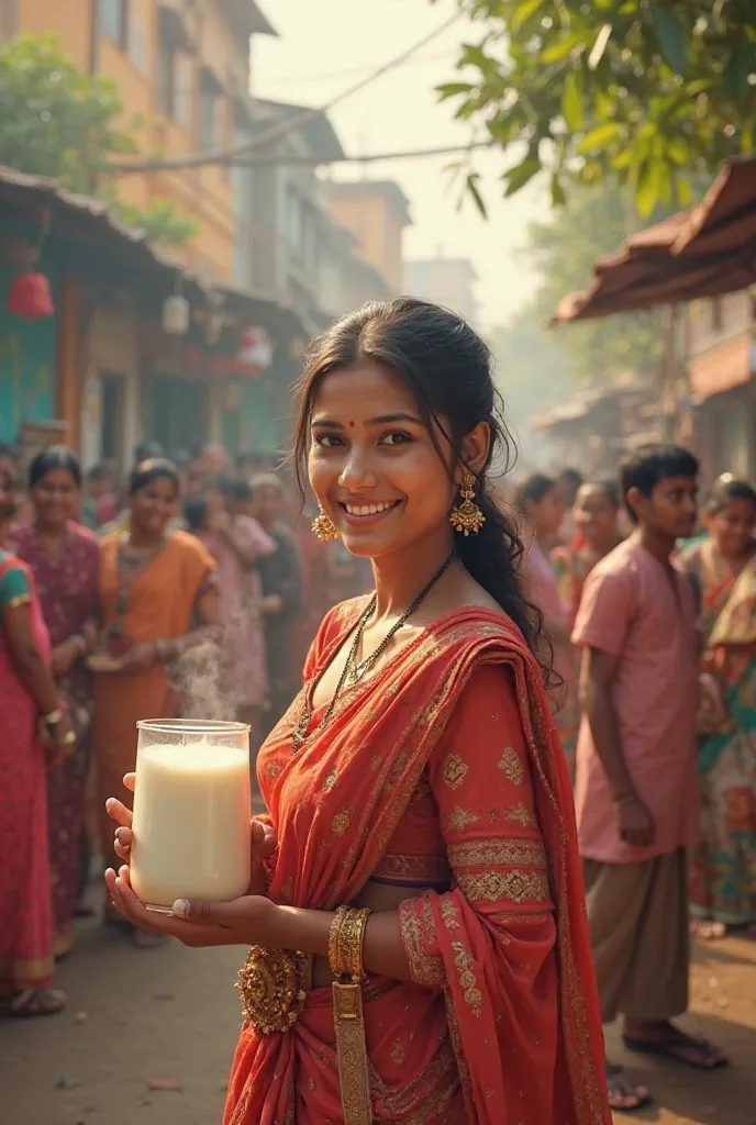 I want you to create 20 year beautiful women with selling desi cow milk people are standing to buy 