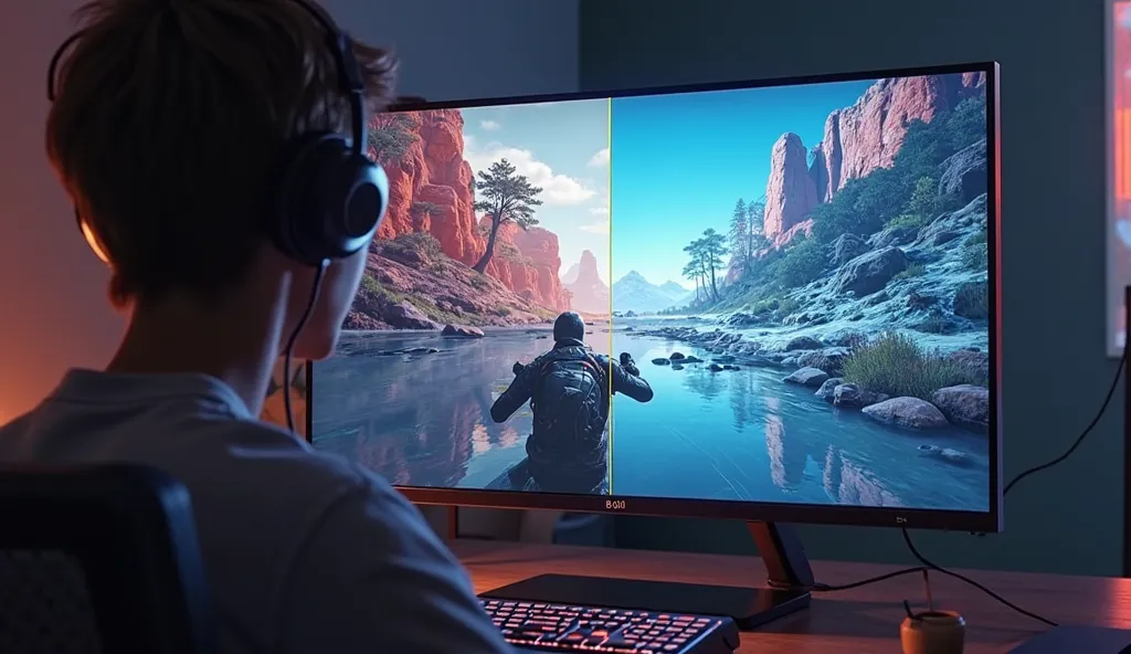 Gaming Power & AI Chipset – A split-screen image showing a user playing a high-end AAA game at 120FPS with ray tracing enabled. One half of the image shows smooth, vibrant gameplay, while the other half has a transparent overlay of the powerful A18 Pro AI ...