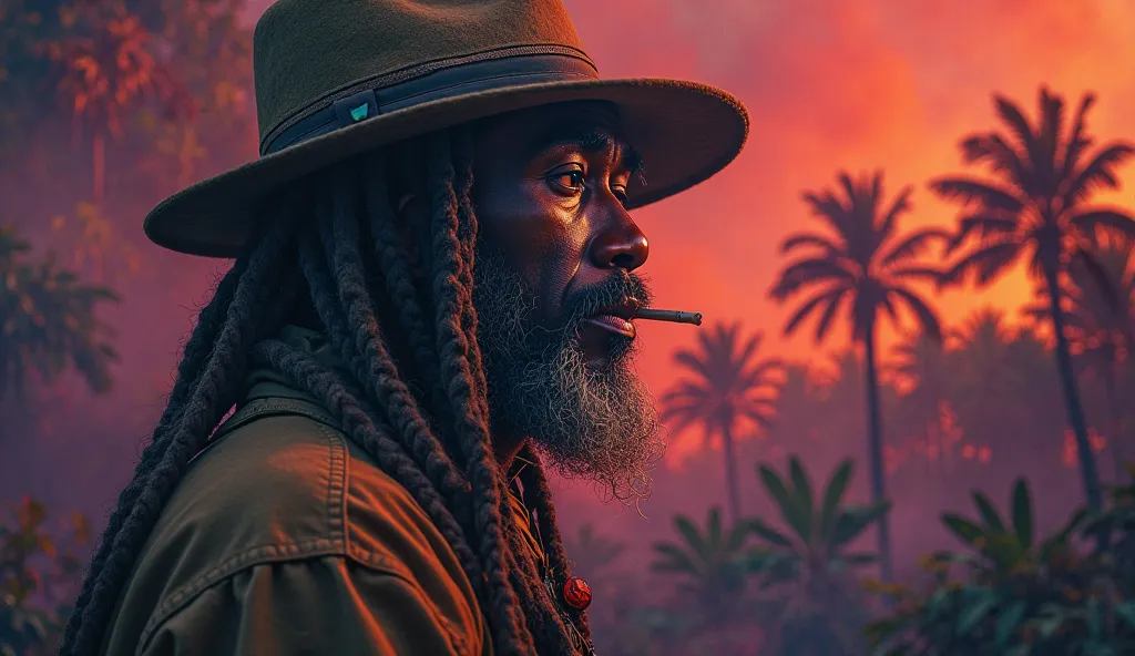 A side image mixed between reality and cartoon of a Rasta Man wearing a hat and smoking a cigarette with a background in black, red and purple colored smoke and banana trees in the shape of a shadow 
