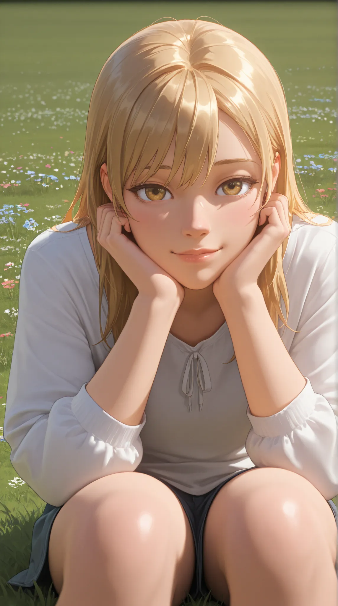 slutty cute young woman, innocent expression, naive look, casual clothing, sitting on grass field, surrounded by wildflowers, warm golden sun, photorealistic, 8K, high resolution, physically-based rendering, vivid colors, portrait, digital art