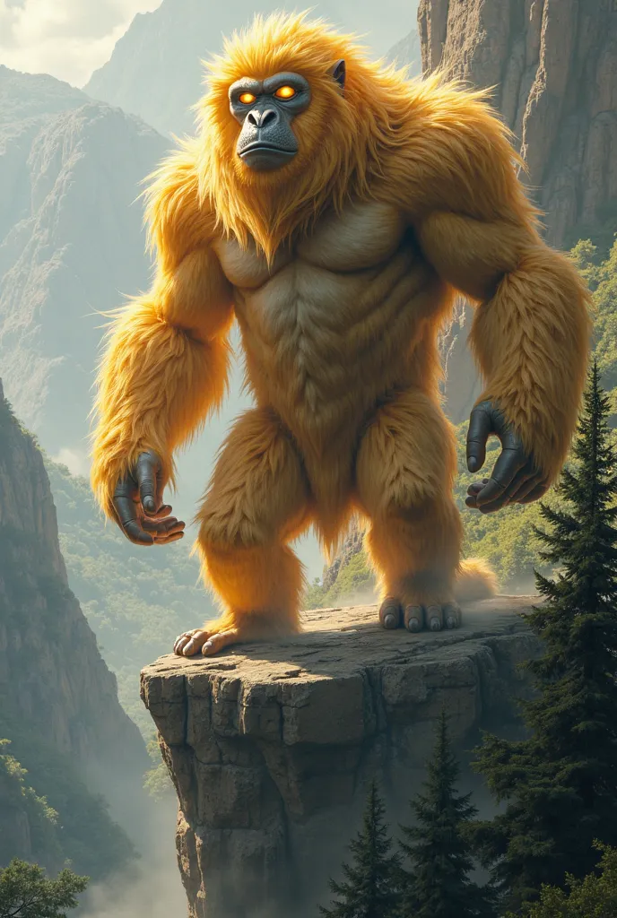 A towering monkey-like spirit with glowing golden eyes, standing on a rocky cliff, its thick fur rustling in the wind as it surveys the land below."