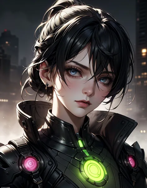 A close-up portrait of a futuristic character with neon reflections . The scene is highly detailed and realistic, capturing the essence of futuristic aesthetics, with intricate elements like atmospheric lights.