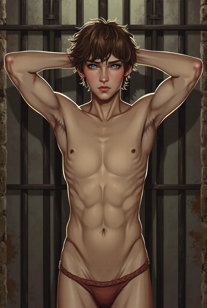 Western realism;1 guy; curly short brown hair; cute long sleek European face; sad facial expression, BLUE EYES; smooth-shaven body ; skinny, thin; underwear;  hands clasped behind your head ; medieval prison cell