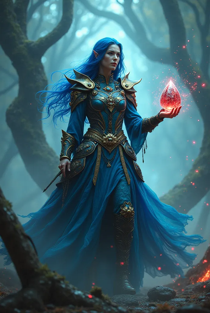 materialized as a valor and regal Viking Beautiful, muscular slavic Woman captured in runnig with long hair Deep Blue with ornamental magic hat in Lilly flowers same as gown in Azure and Cobalt ornamental in lily flowers Gown with armour plates in battle p...