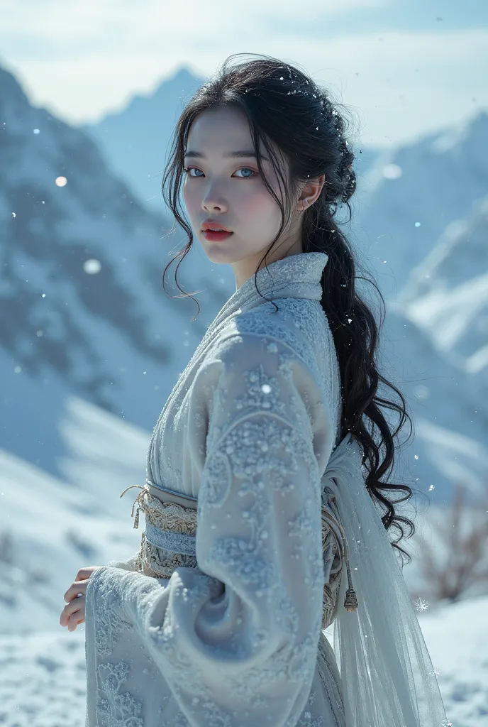 A pale-skinned woman with icy blue eyes and long flowing black hair, standing in a snowy mountain landscape. Her kimono shimmers like frost, and her breath is visible in the cold air."