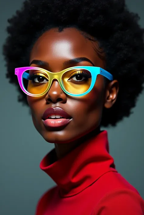 A very modern black woman with transparent blue yellow purple glasses 