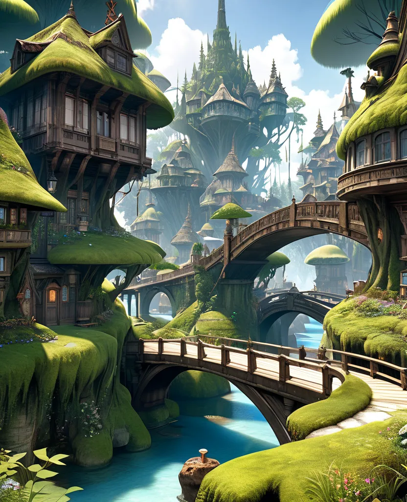 Natural trees with lots of branches mosses framed houses with bridges with mosses in fantasy trees ,Final Fantasy style xii,Realistic 3D