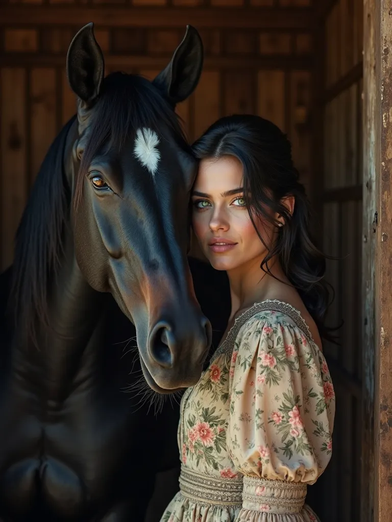 Model Barbara Palvin,  with jet-black hair ,  bright green eyes . Wearing a vintage floral dress next to a completely black mare in a stable. realistic image 