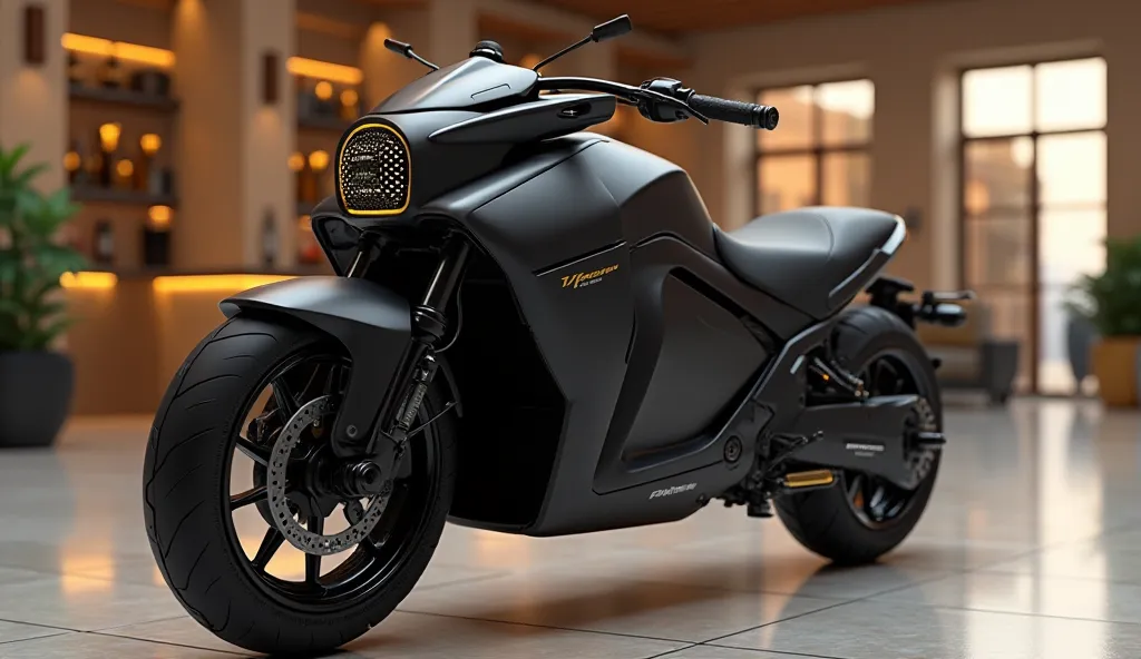 create an ultra-detailed 3D render, of a modern  2026 Hindustan electric scooter
with a bold design captured from close front side view. The bike should feat full painted BLACK 
'color with a 'gold'logo on its side a large white detailed grille, black allo...