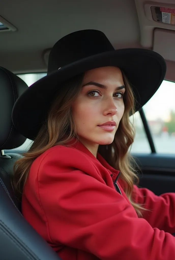 arafed woman in a car with a red jacket and a black hat, a picture inspired by Taravat Jalali Farahani, instagram, hurufiyya, pale-skinned persian girl, beautiful iranian woman, profile image, arab ameera al taweel, kyza saleem, greek ameera al taweel