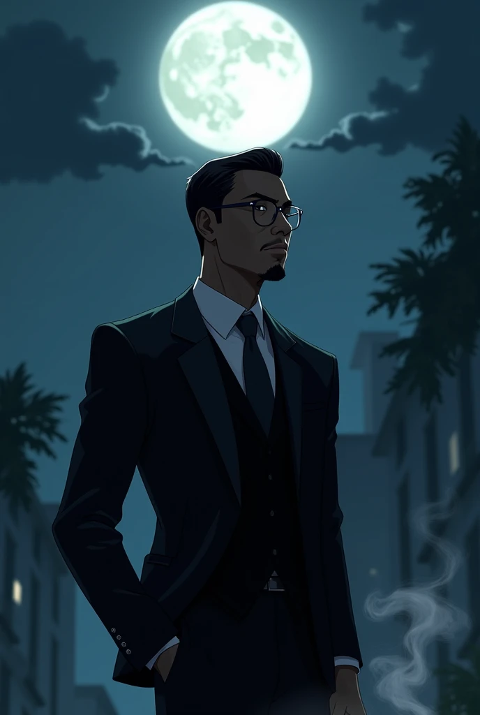 A black man wearing glasses and wearing an elegant black suit at night a full moon Anime