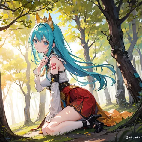     An anime girl in a lightweight witch costume    ,   She is tall   ,     her hair flutters with the wind     ,     leaning against the rough bark of an ancient tree    ,   with seTeny {Ten}    Her sacred and seductive posture attracted nearby mercenarie...