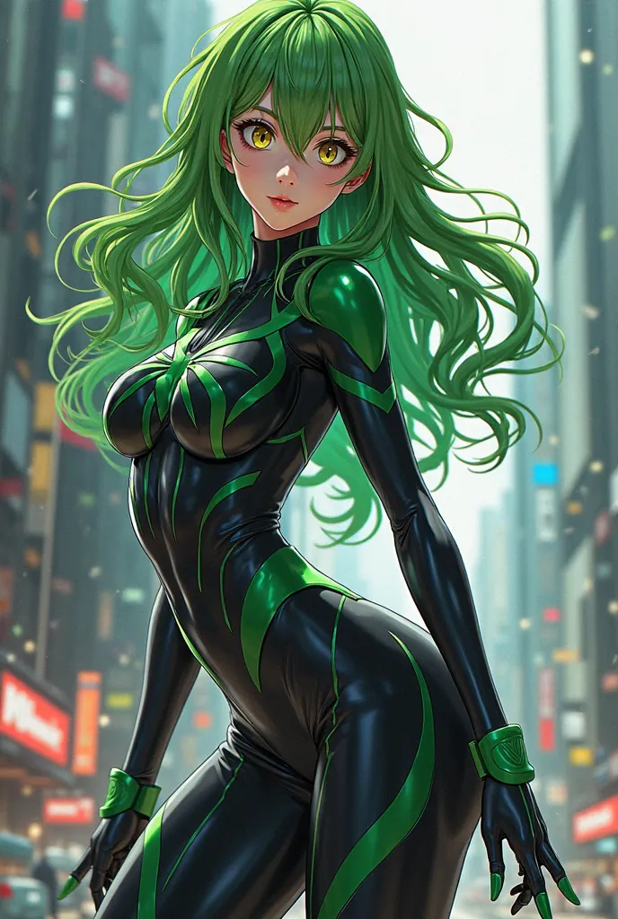 (artwork, maximum quality, best quality,  official art , beautiful and aesthetic:1.2) Anime Female Spiderman, long green hair, golden eyes, black and green clothes, black and green pants.
