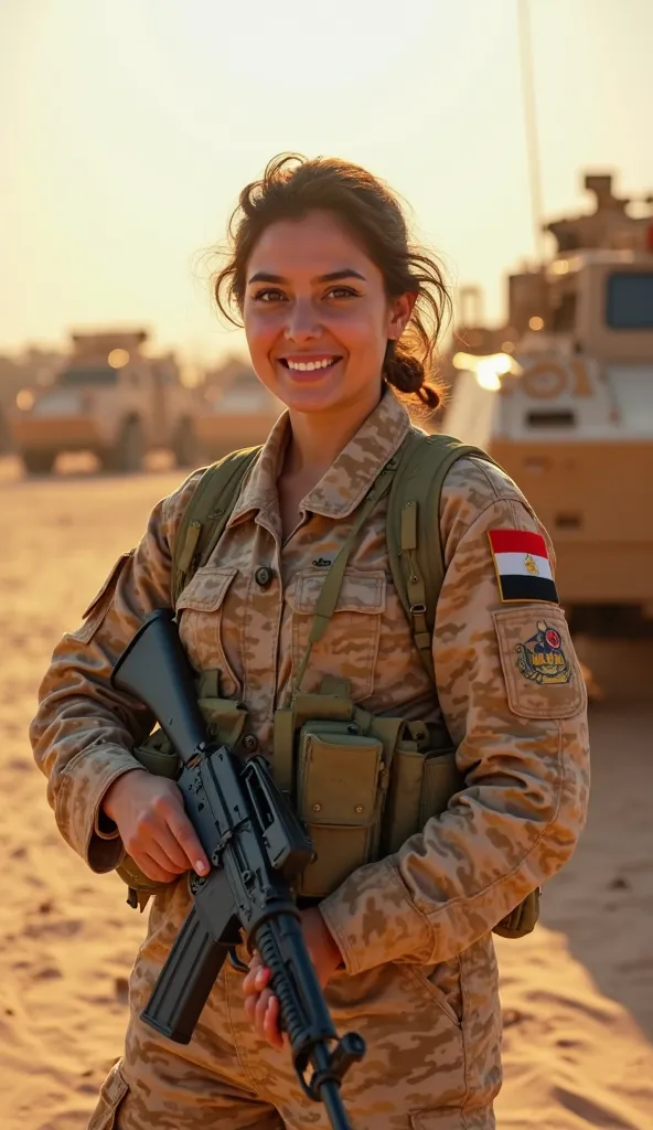 This beautiful 8K quality picture shows a plump, (Ultra-realistic, 8K, HDR, photorealistic:1.4) A strong Egyptian female soldier smiling confidently while standing in the bright desert sun. She wears a tan camouflage uniform with the Egyptian flag patch an...